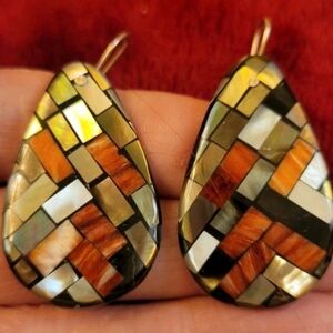Vintage Native American Santo Domingo Pueblo Reano Coral Mosaic Dangle Earrings
